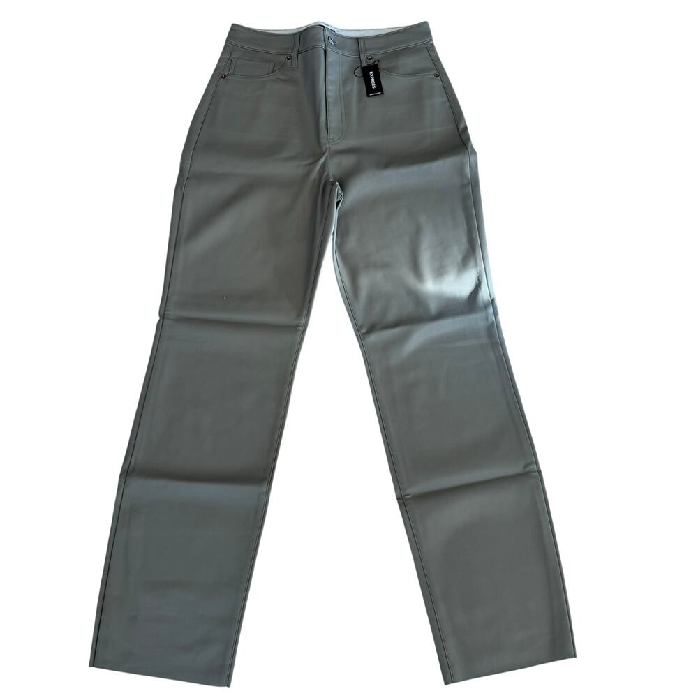 Express Women's Khaki Super‎ High Rise Modern Straight Faux Leather Pants Sz 12L